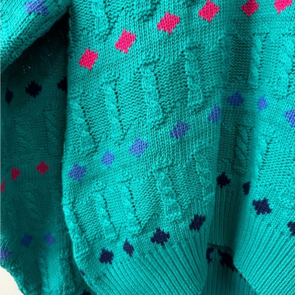 Vintage 80s 90s Izod Size Medium Cable Knit Tennis Sweater Teal Diamond V-Neck - Picture 5 of 6